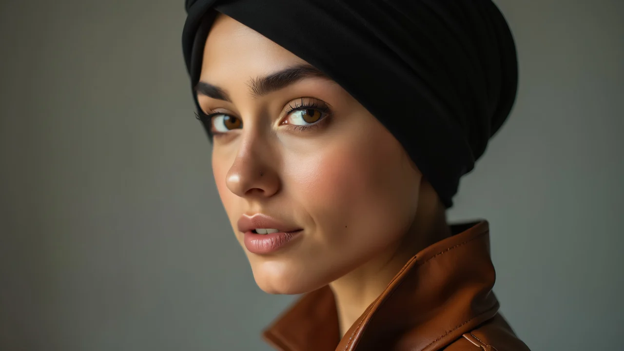 Close-up portrait of a woman in a black turban and brown leather jacket against a neutral backdrop.