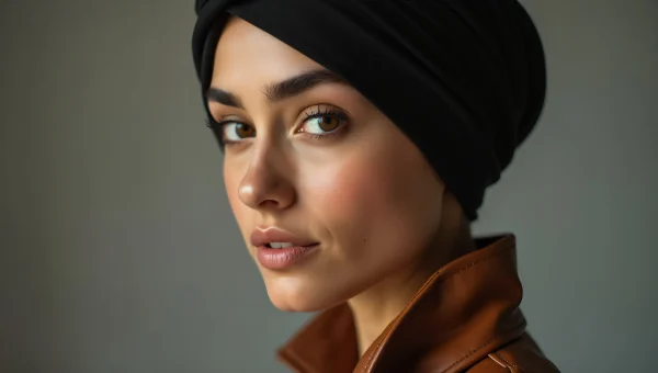Woman in Black Turban and Leather Jacket Portrait