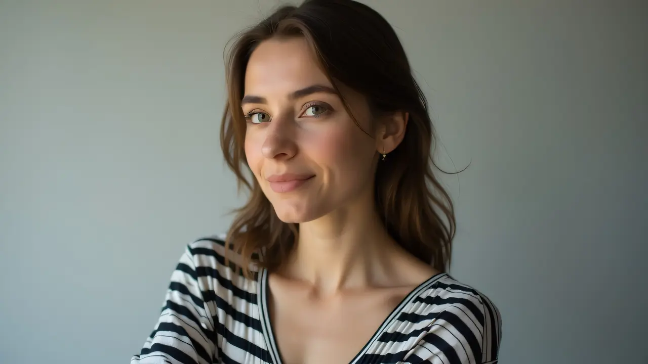 Portrait of a woman wearing a black-and-white striped shirt in soft light.