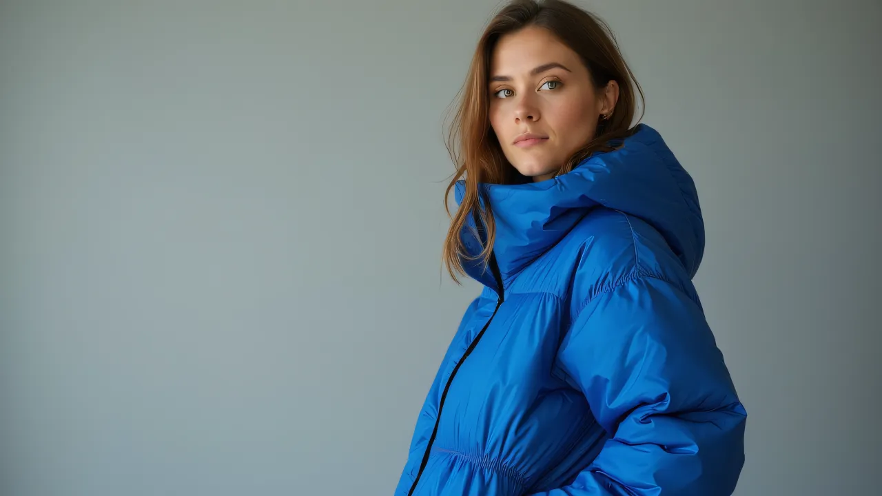 A woman wearing a blue bubble jacket poses naturally against a neutral gray backdrop.