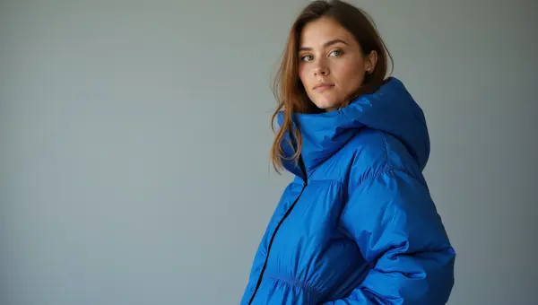 Woman in Blue Bubble Jacket Candid Portrait