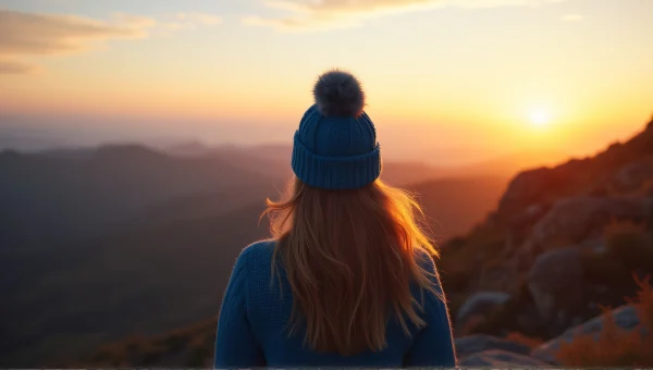 Woman in Blue Knit Cap Gazing at Sunset Horizon