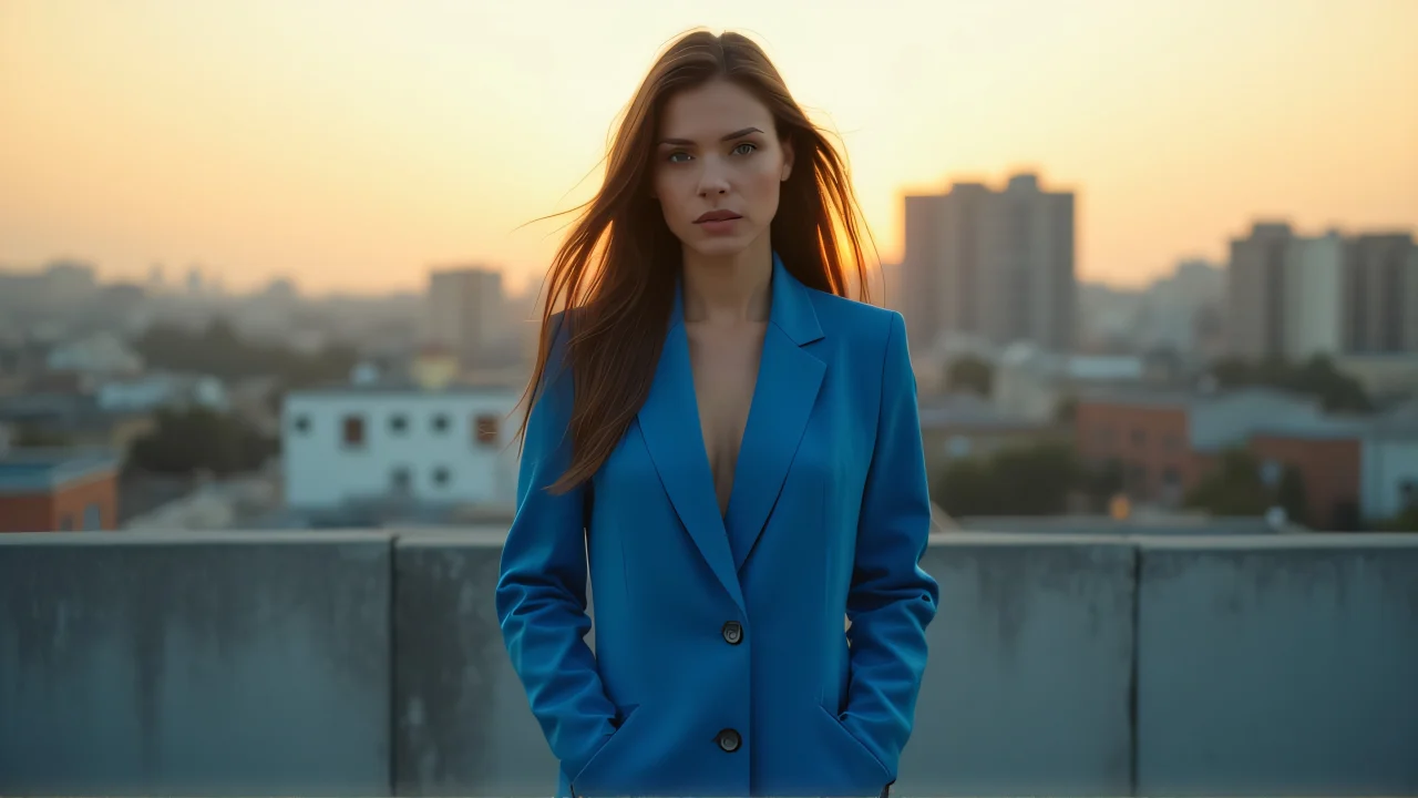 A woman in a blue suit jacket stands on an urban rooftop at golden hour, with hands in pockets and wind lifting her hair.