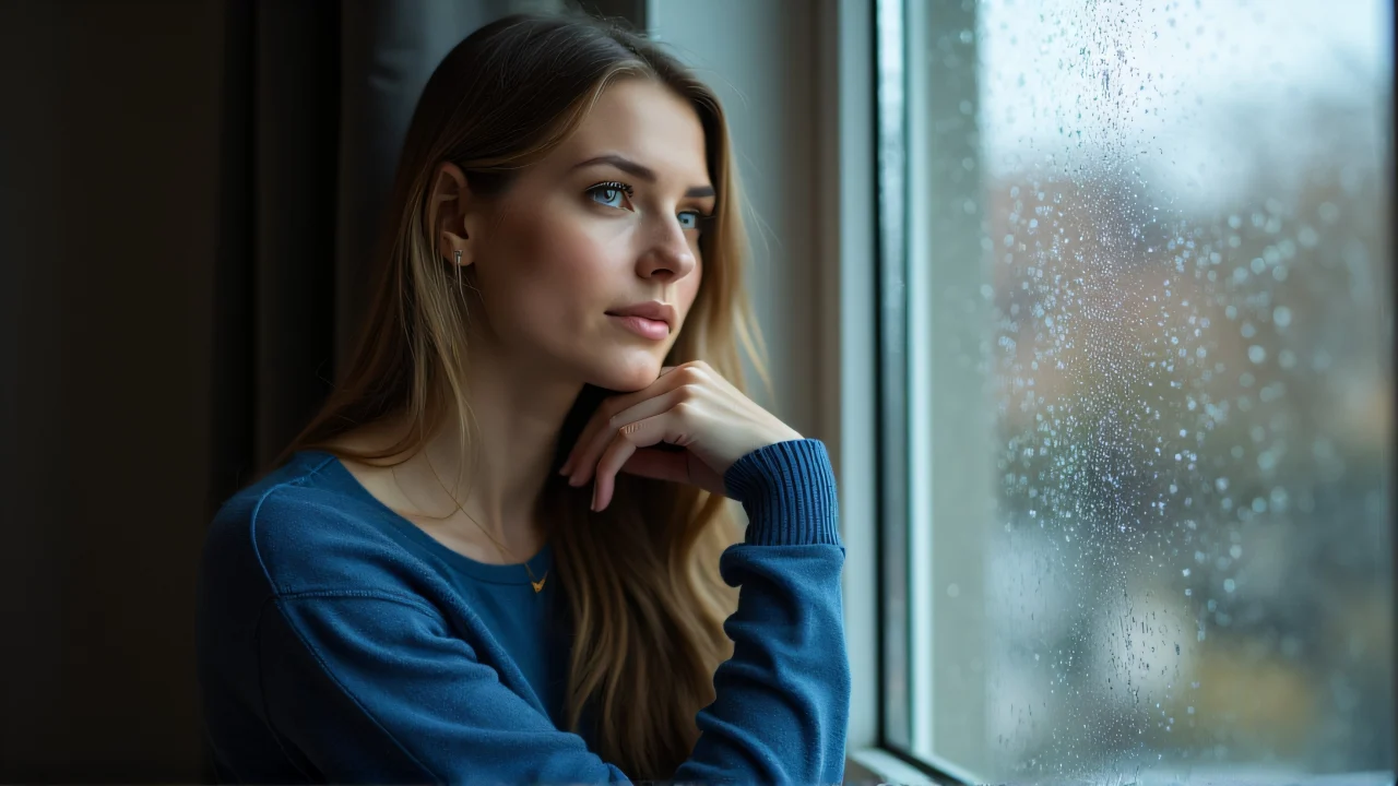 A woman wearing a blue sweater sits by a rain-speckled window, reflecting on her thoughts.