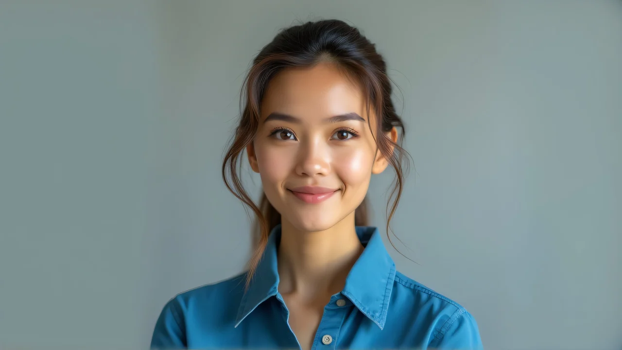 Portrait of a woman in a blue collared top, showcasing her natural expression.