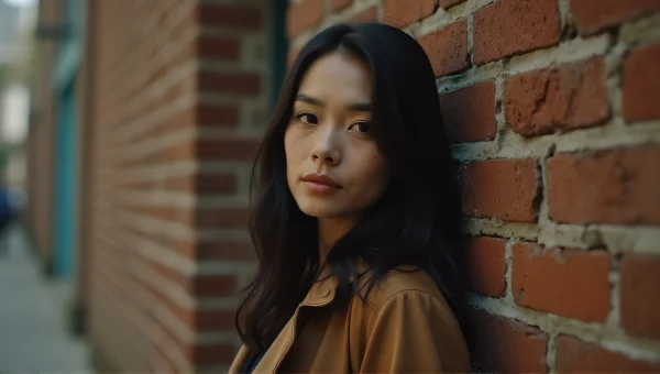 Woman in Brown Jacket Against Brick Wall
