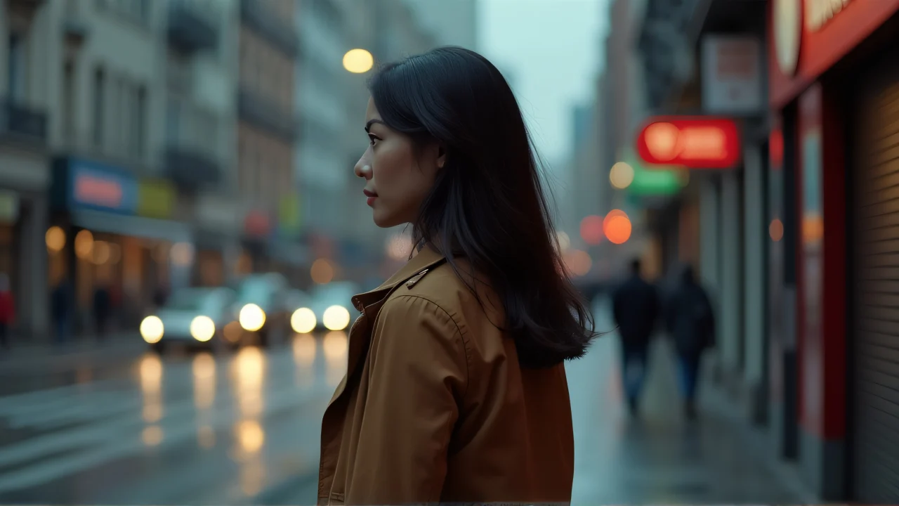 A woman in a brown jacket stands on a rain-slick sidewalk at dusk.