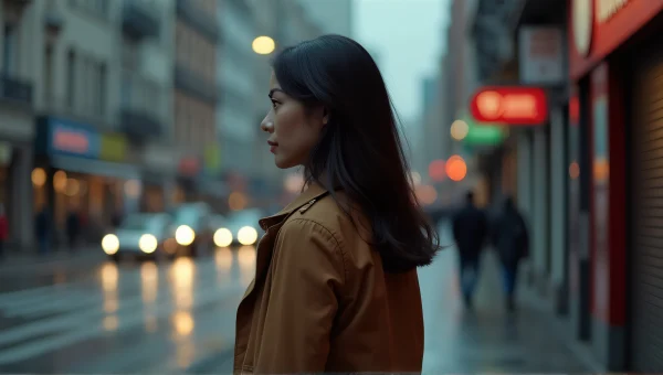 Woman In Brown Jacket Urban Evening Scene