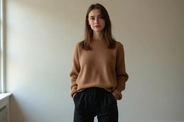 Woman in Brown Knit Sweater and Black Tapered Pants