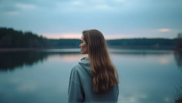 Woman by Calm Lake at Dusk with Reflective Water