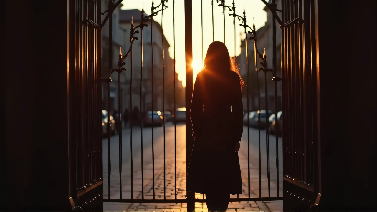 A woman stands beside an iron gate at dusk, casting shadows.
