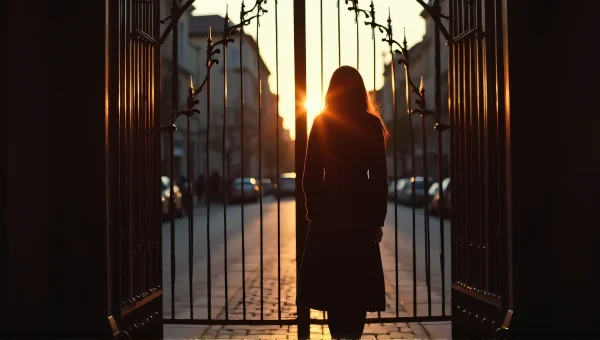 Woman by Iron Gate at Dusk with Shadows