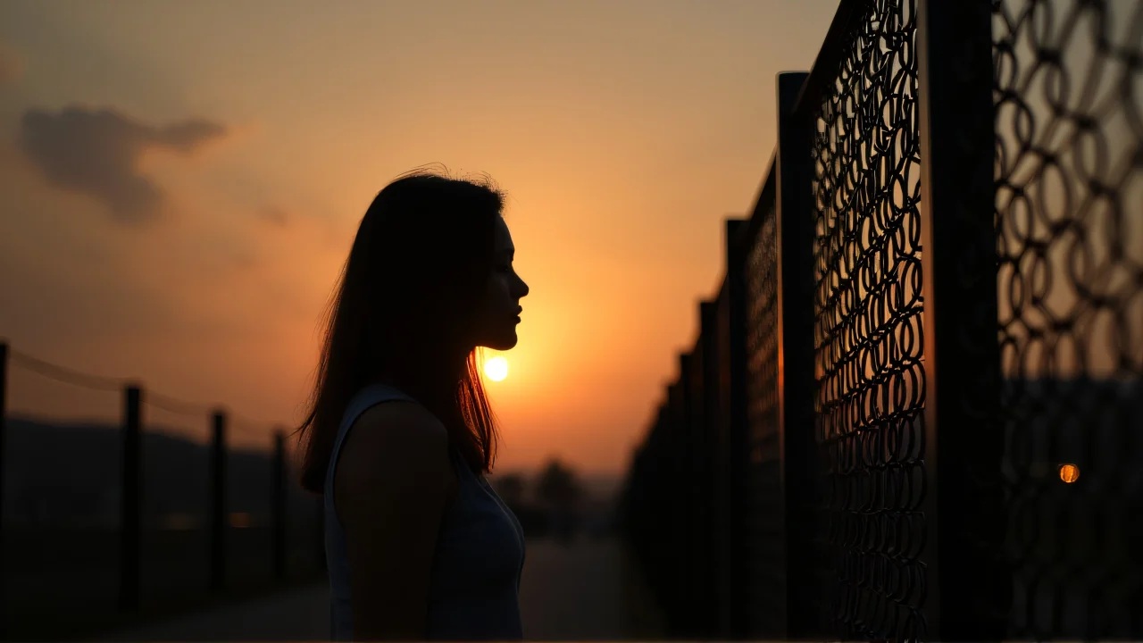 A woman stands near a tall black iron fence during sunset, creating a peaceful silhouette.