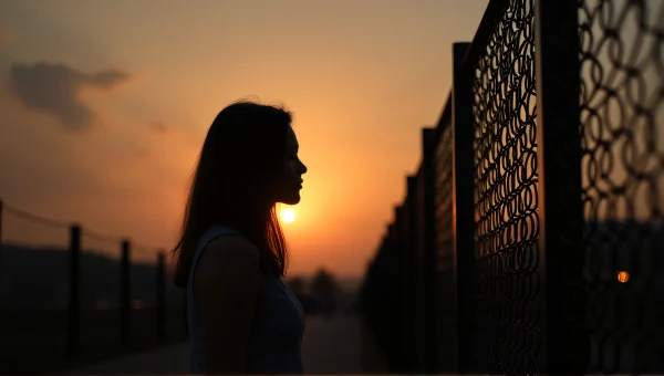 Woman by Tall Iron Fence at Sunset
