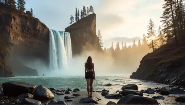 Woman by Waterfalls in Nature at Golden Hour