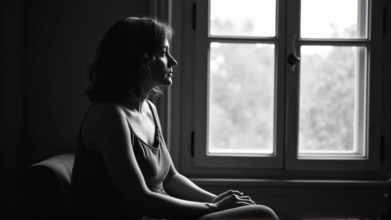 A woman seated by a window with soft light, hands folded.