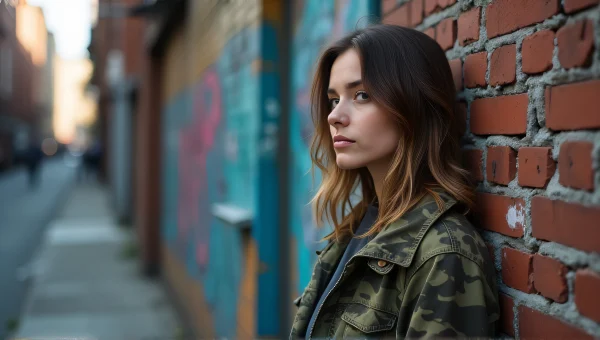 Woman in Camouflage Jacket Urban Graffiti Wall
