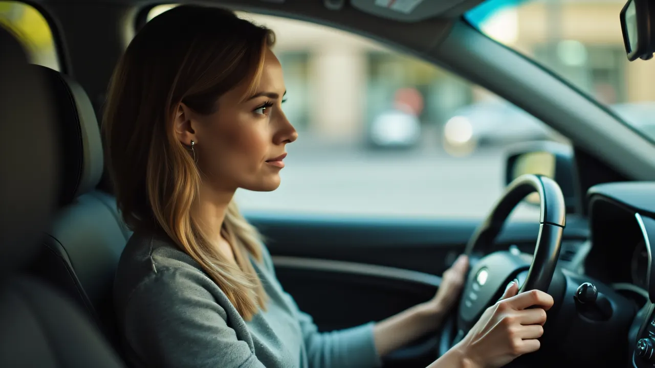 A woman seated in a car, hands on the steering wheel, with city reflections on the window.