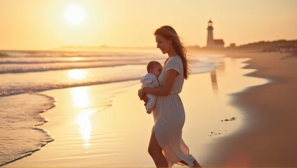 Woman Carrying Newborn on Beach at Sunset