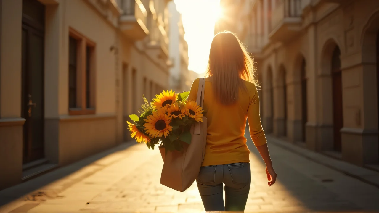 A woman walks through an urban alley holding a vibrant sunflower arrangement.