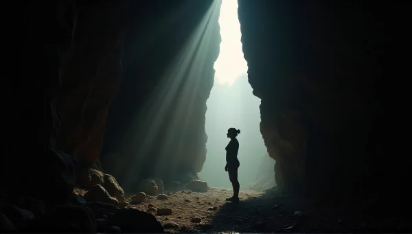 Woman in Cave With Dramatic Light and Shadows