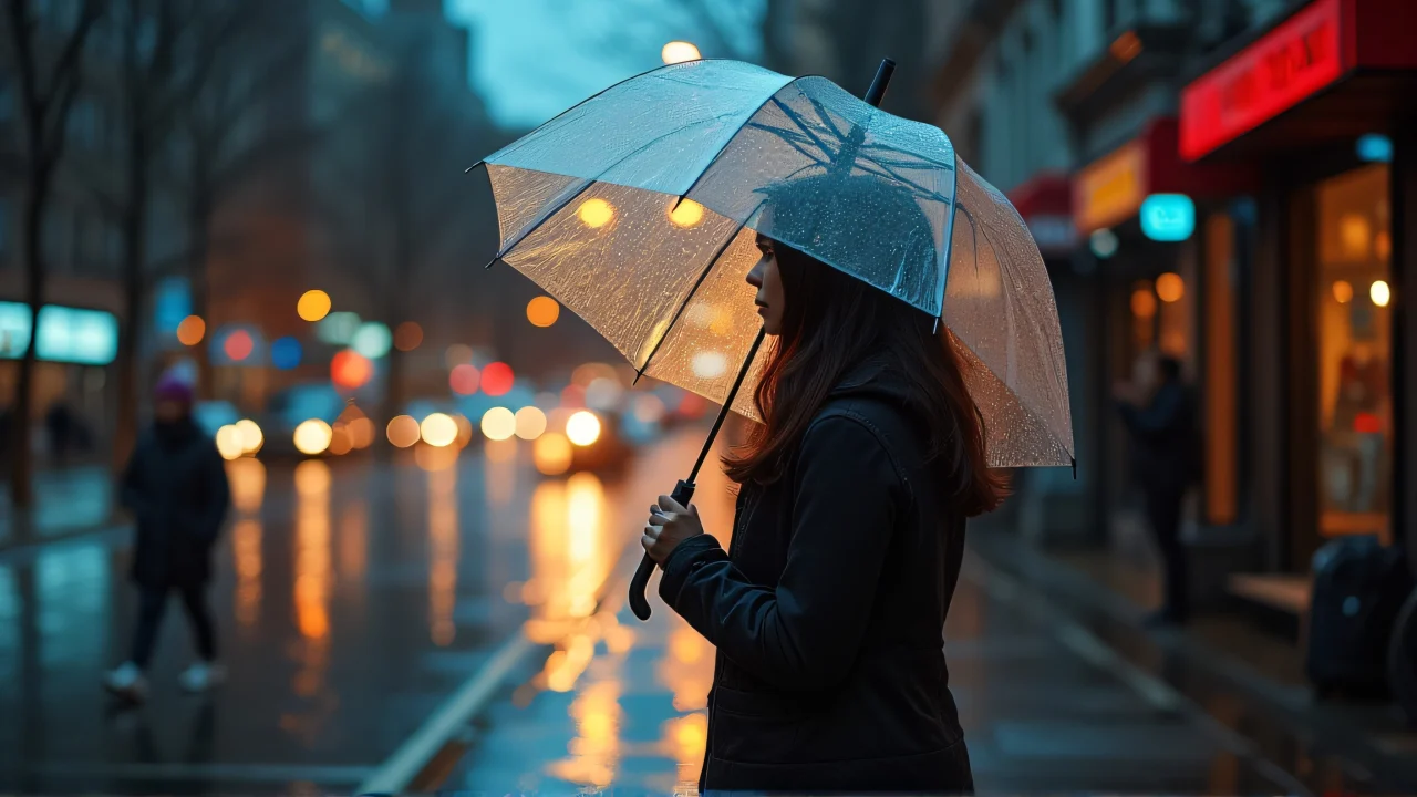 A woman holds a clear umbrella on a wet sidewalk at dusk, surrounded by soft streetlight bokeh.