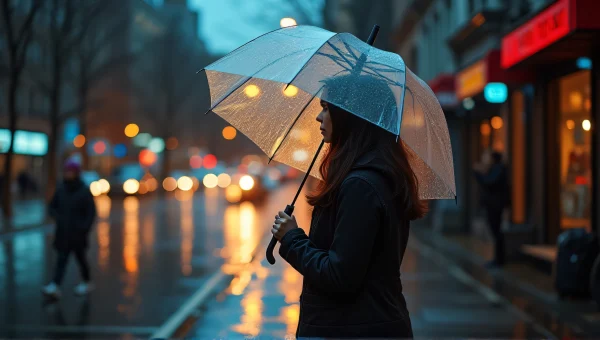 Woman With Clear Umbrella On Wet Sidewalk Dusk