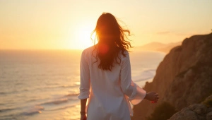 Woman on Cliff at Golden Hour with Windy Shirt