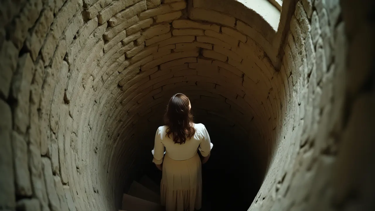 A woman in vintage clothing ascends a narrow spiral staircase inside an old stone tower, softly lit.