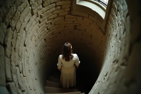 Woman Climbing Spiral Staircase In Vintage Attire