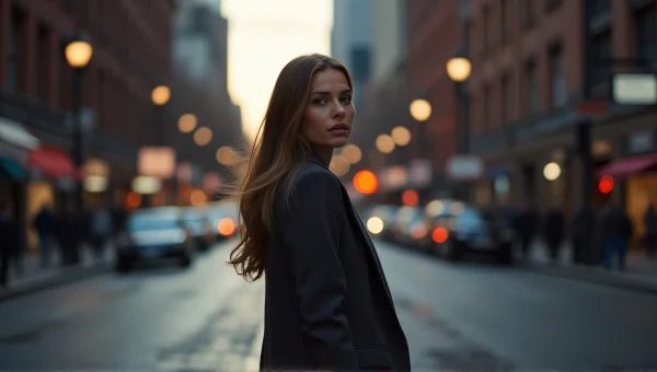 Woman in Coat on City Street at Dusk