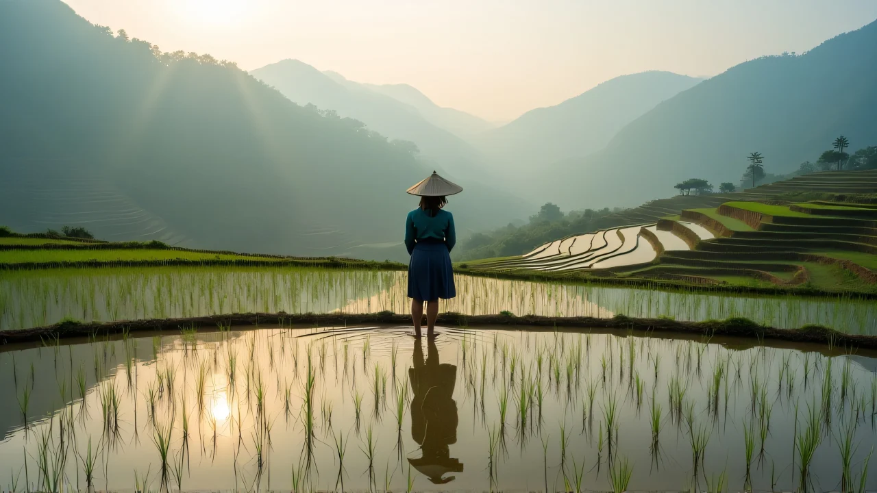 A woman wearing a conical hat in a rice field at dawn with misty hills behind.