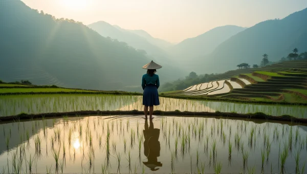 Woman in Conical Hat Stands in Rice Field at Dawn