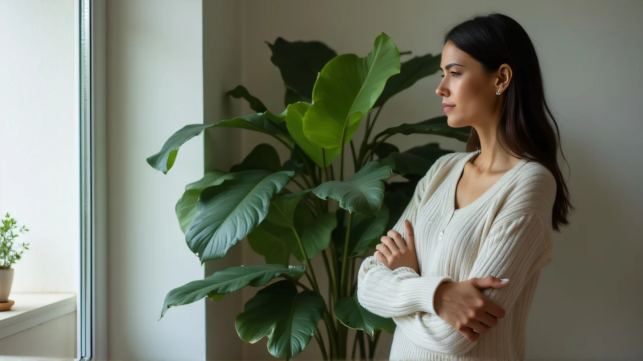 A woman stands beside a large ficus plant, arms crossed in thought.