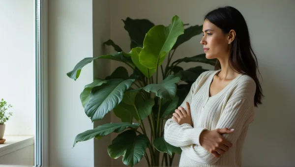 Woman Contemplating By Potted Ficus Plant