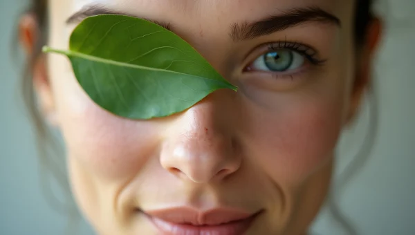 Woman Covering Eye With Green Leaf Natural Light