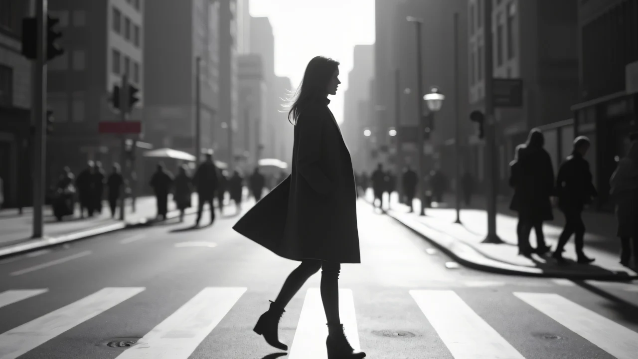 A woman walks across a city street, coat fluttering in grayscale.