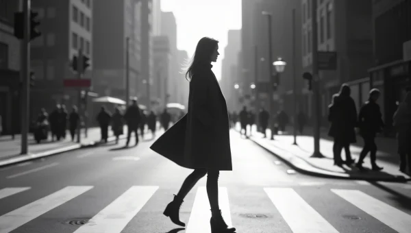 Woman Crossing City Street in Grayscale