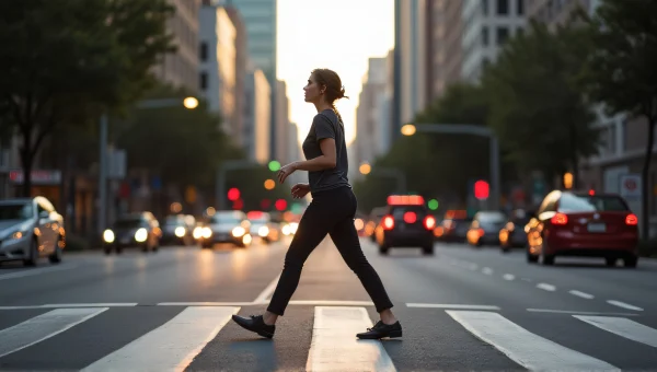 Woman Crossing Urban Road at Dusk