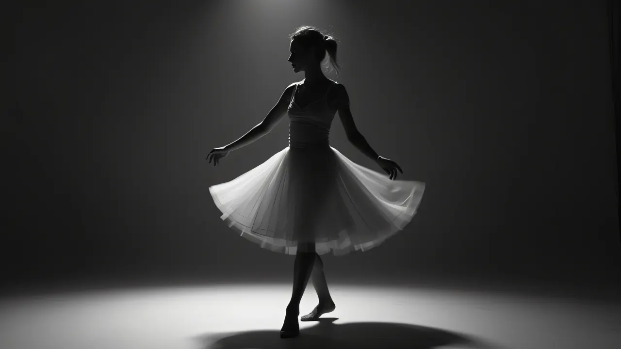 A full-body grayscale image of a woman dancing with motion blur on her skirt.