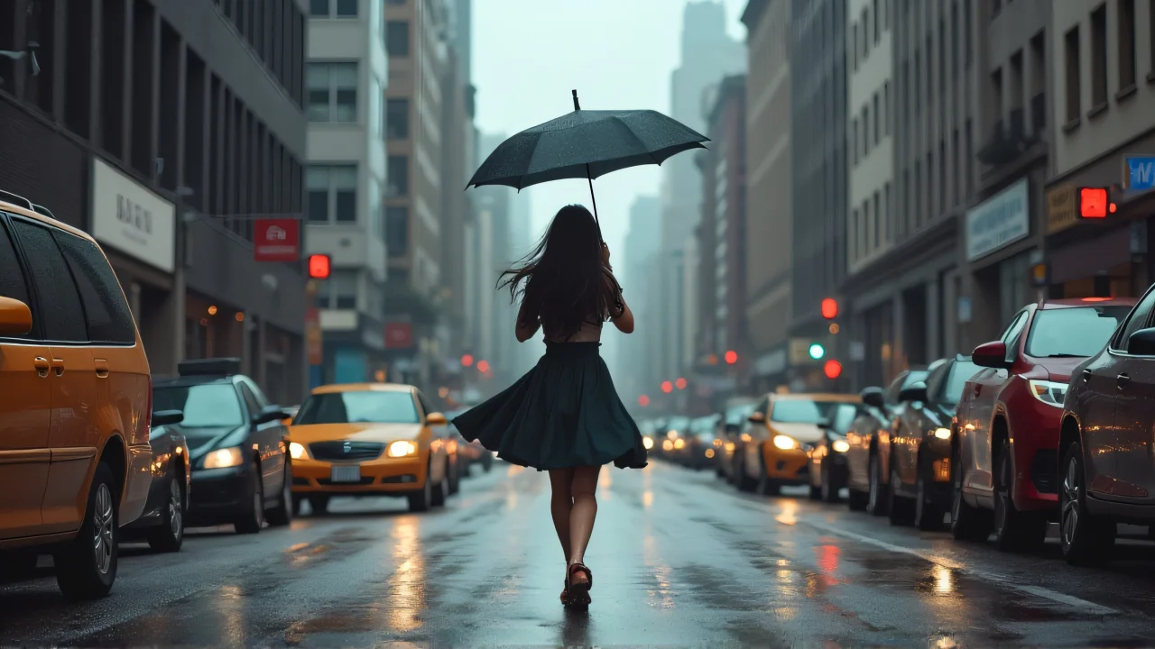 A woman twirls with an umbrella on a rainy city street, cars and tall buildings around her.