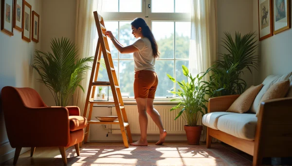 Woman Decorating Room with Mid-Century Furniture