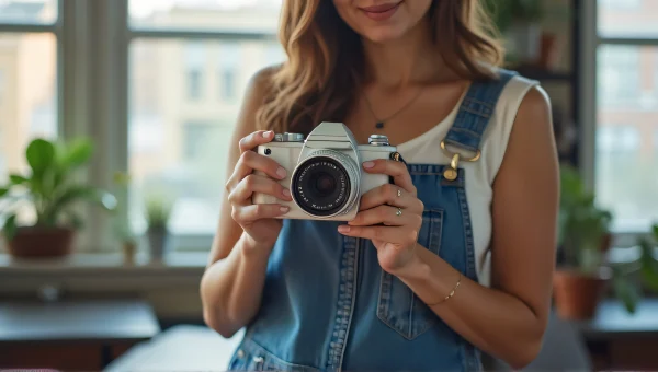 Woman in Denim Dungarees with Camera in Loft