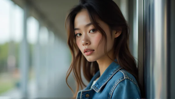 Woman in Denim Jacket Leaning Against Post