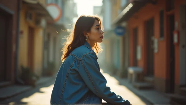 Woman Denim Jacket Sunlit Alley Portrait