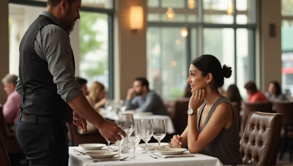 Woman Dining in Busy Restaurant with Waiter