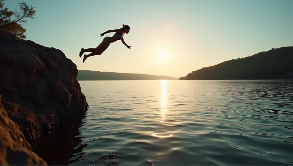 Woman Diving Into Calm Lake at Sunset