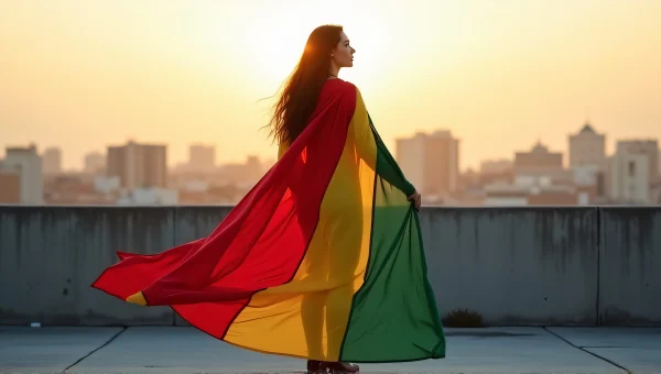 Woman Draped In Colorful Flag On Rooftop