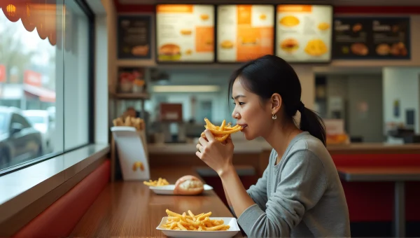 Woman Eating Fast Food At McDonald's Counter