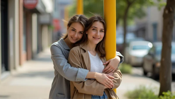 Woman Embraces Companion on Urban Sidewalk